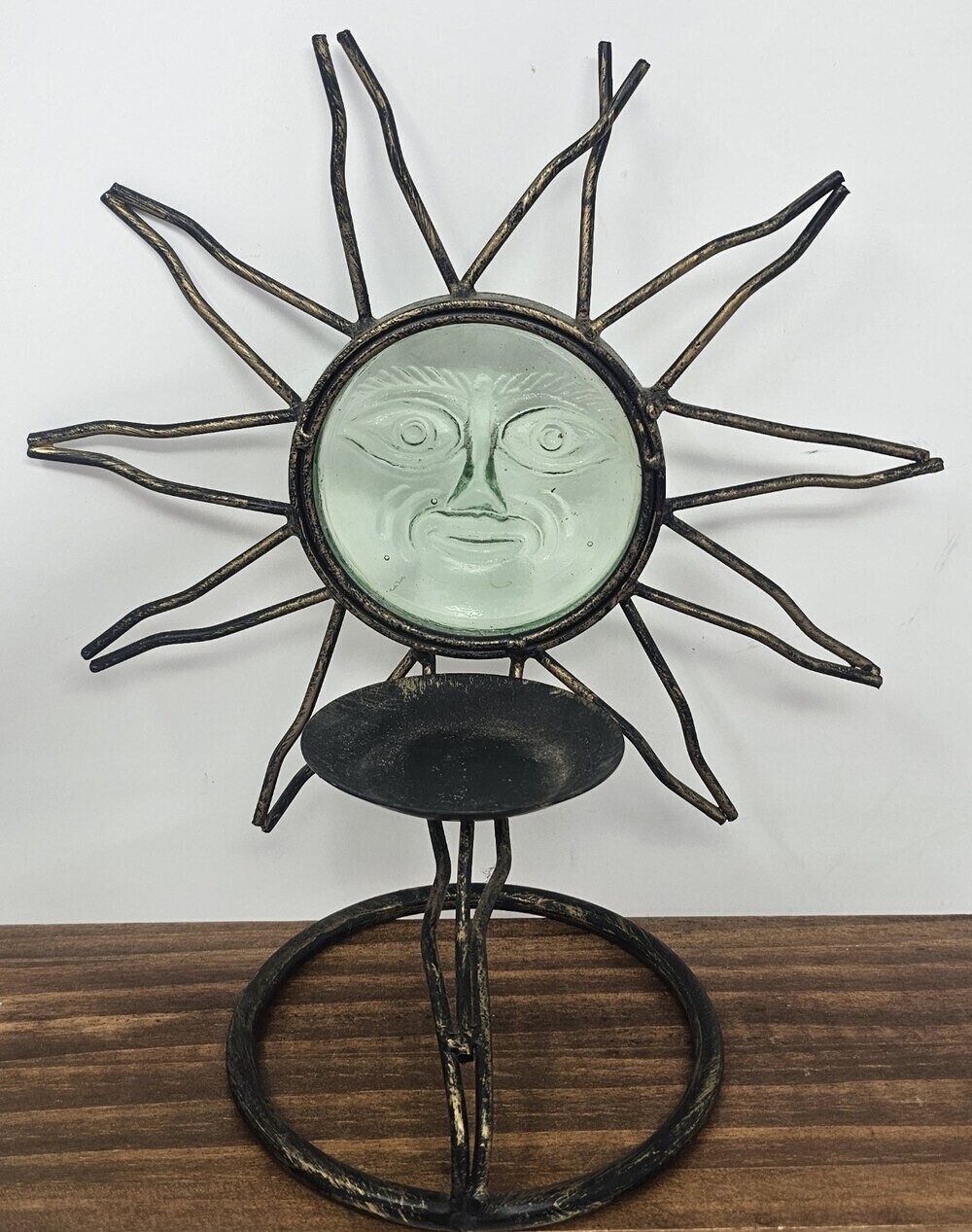 Vtg Celestial Metal Standing Glass Sunburst Face Candle Holder 10" Sun Catcher - Picture 3 of 6
